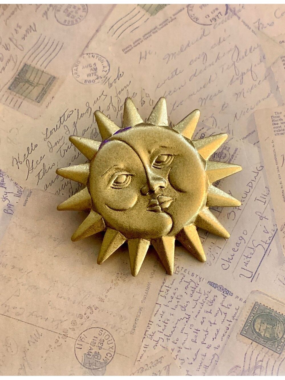Vintage Signed Danecraft Celestial Sun and Moon Face Brooch Pin